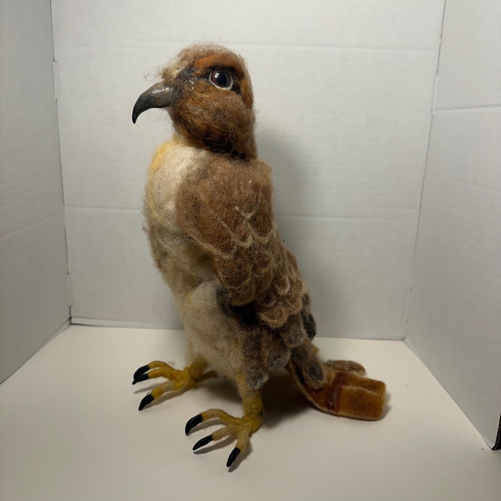 Handmade Felted Hawk Falcon Bird Sculpture 15" Folk Art Realistic Raptor